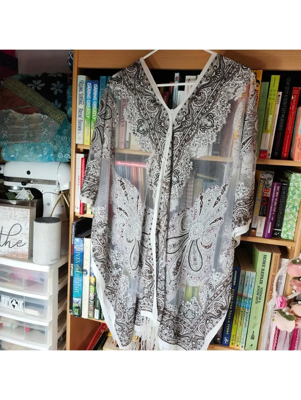 Boho Sheer Paisley Kimono Duster Fringe Hem Lightweight Layering Top